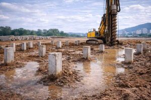 Fundação profunda com estacas em obra de construção civil