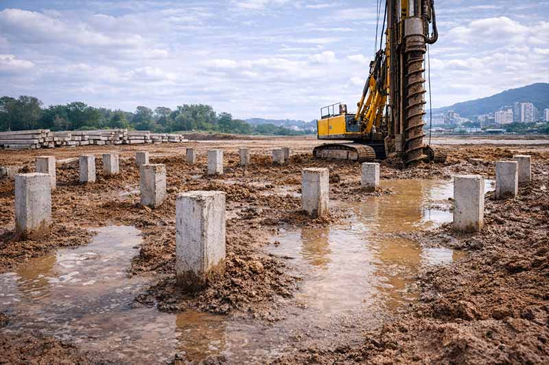 Fundação profunda com estacas em obra de construção civil