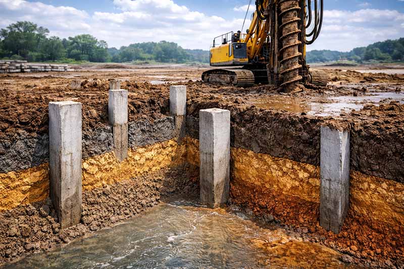 Estaqueamento executado conforme camadas e tipo de solo da obra