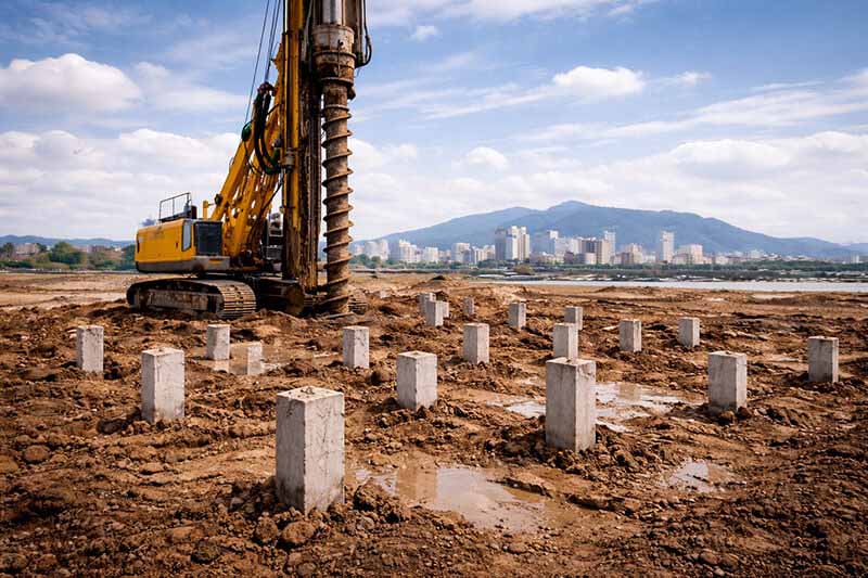 Solo úmido exigindo fundação profunda com estaqueamento
