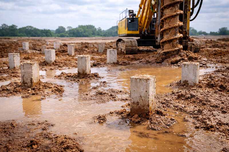 Solo úmido exigindo fundação profunda com estaqueamento